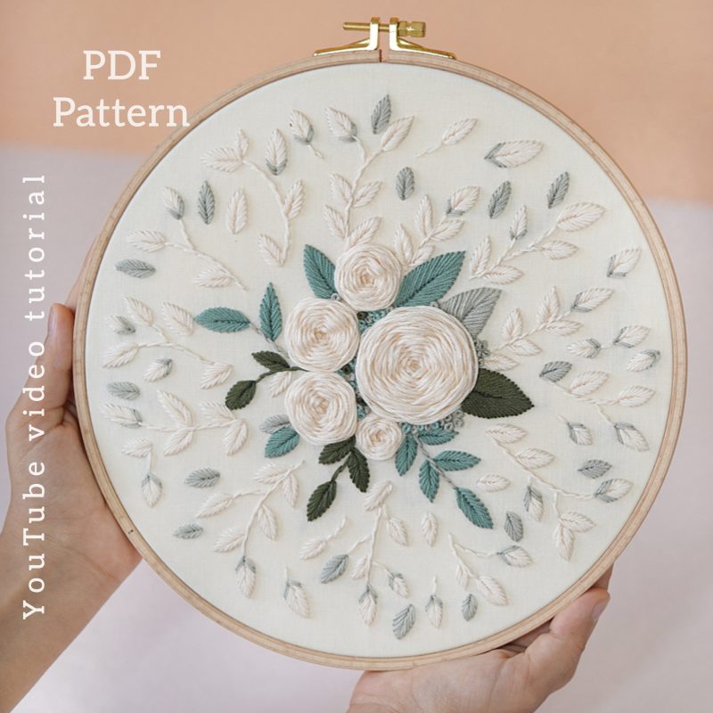 Hand Embroidery of roses/PDF Pattern/Video Tutorial/No. P002