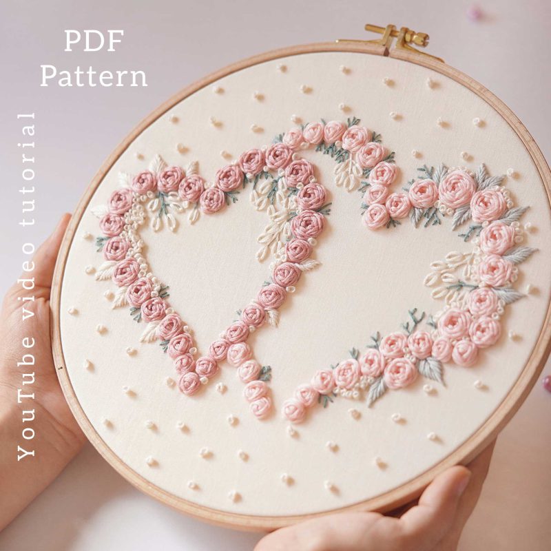 two hearts Hand Embroidery/PDF Pattern/Video Tutorial/No. P017