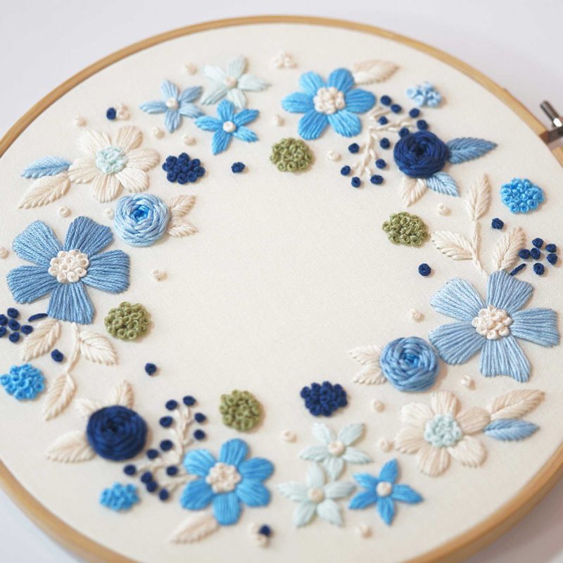 selling blue wreath hand embroidery pattern in PDF form/Video Tutorial. No. P044