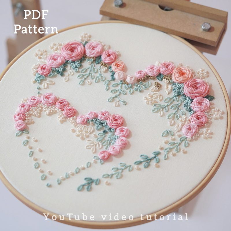 selling two hearts hand embroidery pattern in PDF form/Video Tutorial. No. P043