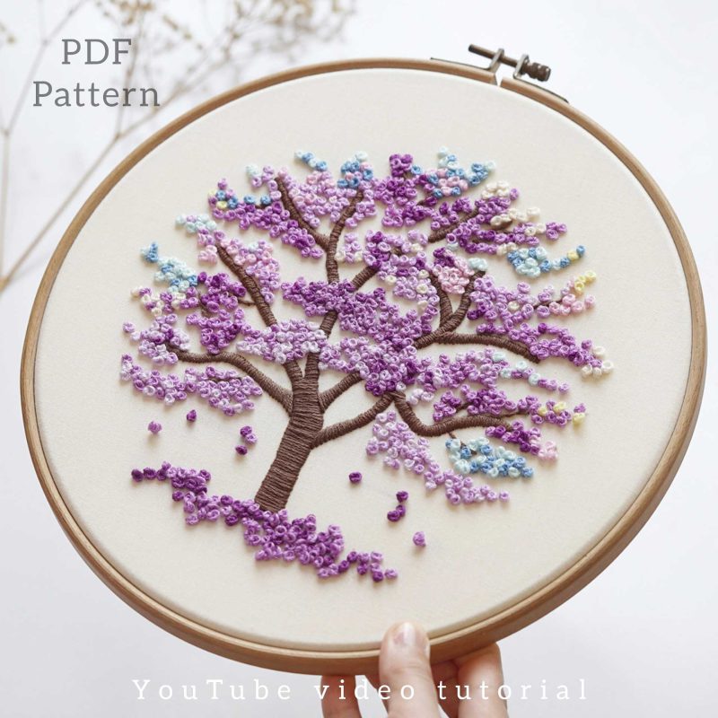 a Purple Tree hand embroidery pattern in PDF form/Video Tutorial. No. P041