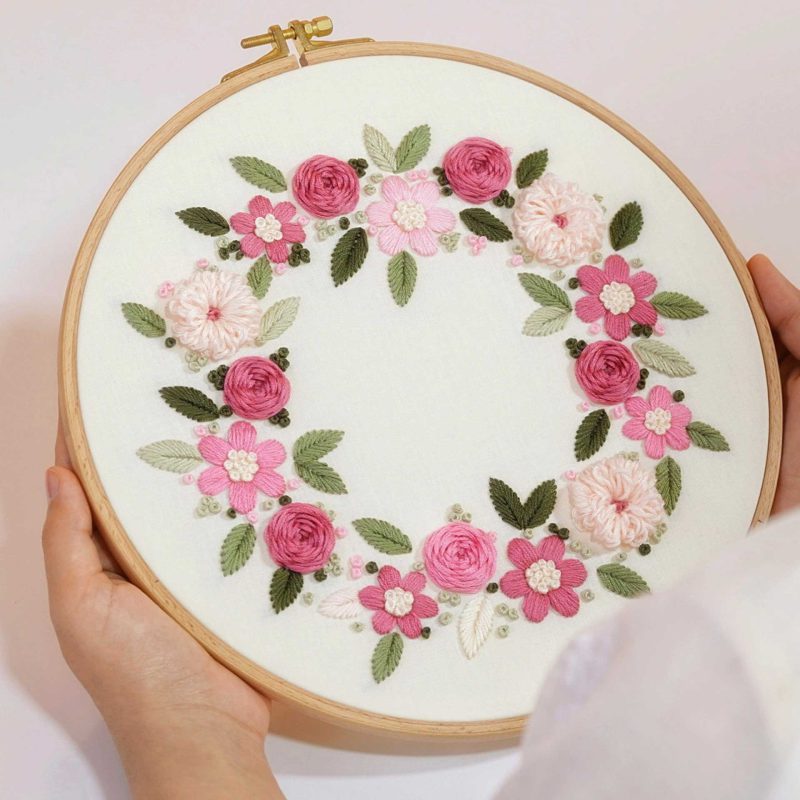Pink flower wreath embroidery