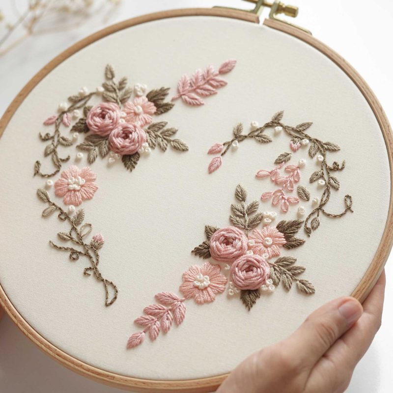 Embroidery of a heart decorated with flowers