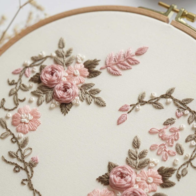 Embroidery of a heart decorated with flowers