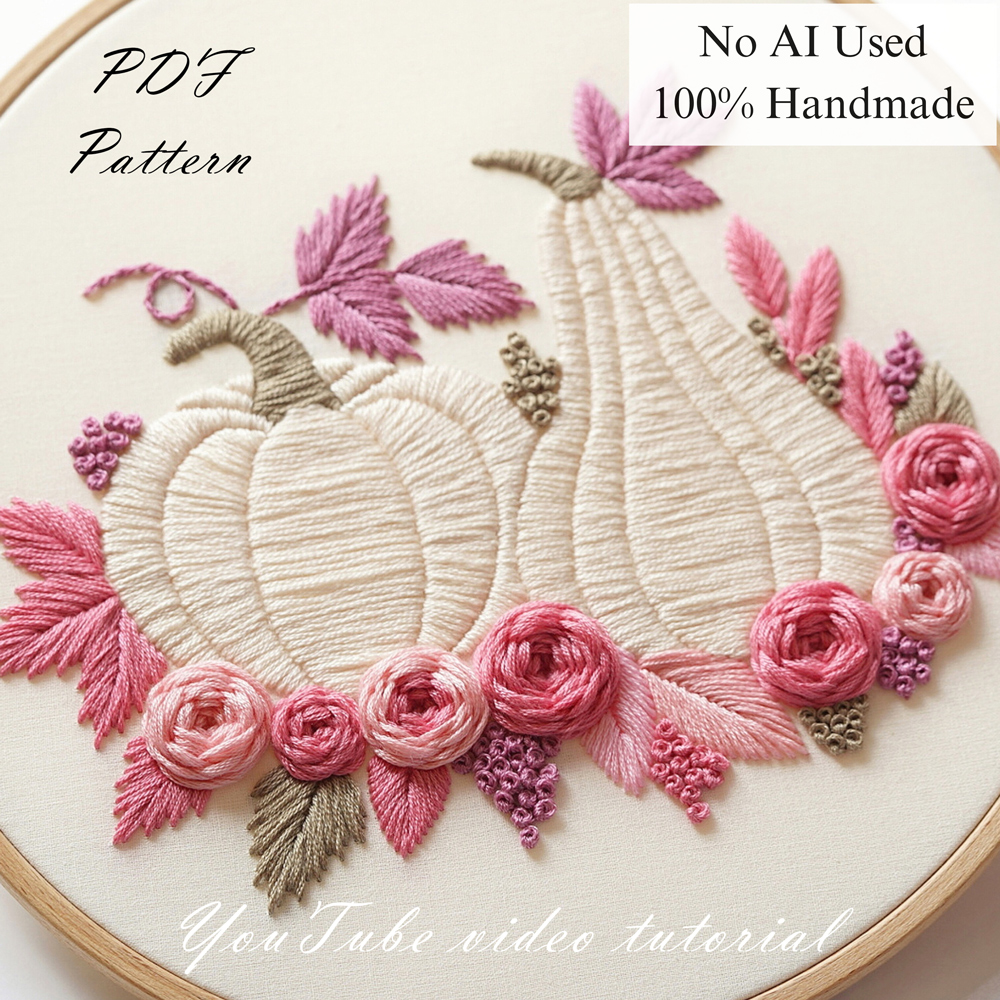 Pumpkins with pink flowers-embroidery