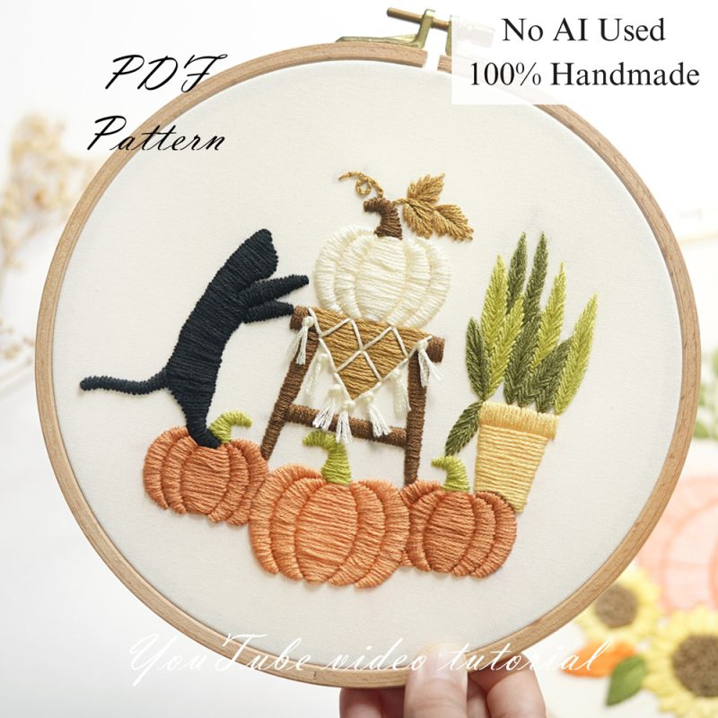 Cat and pumpkin-embroidery