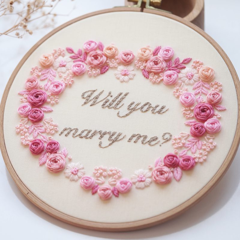 embroidery phrase "will you marry me?"