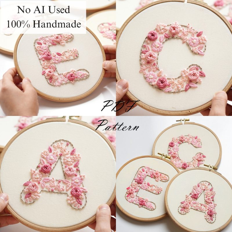 Alphabet-Pink flowers-embroidery