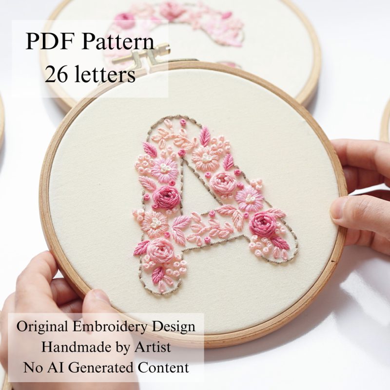 Alphabet-Pink flowers-embroidery