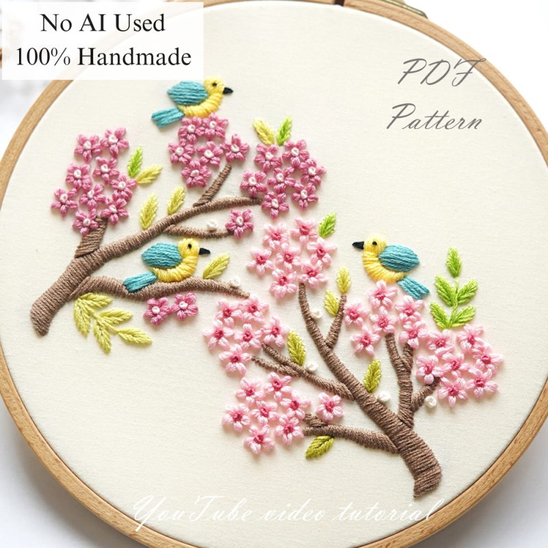 Birds among cherry blossoms-embroidery