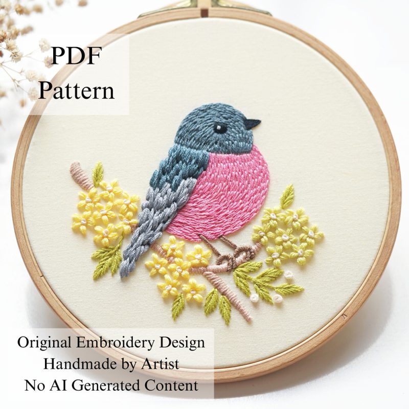 Pink robin embroidery