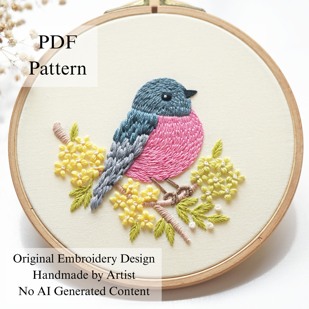 Pink robin embroidery