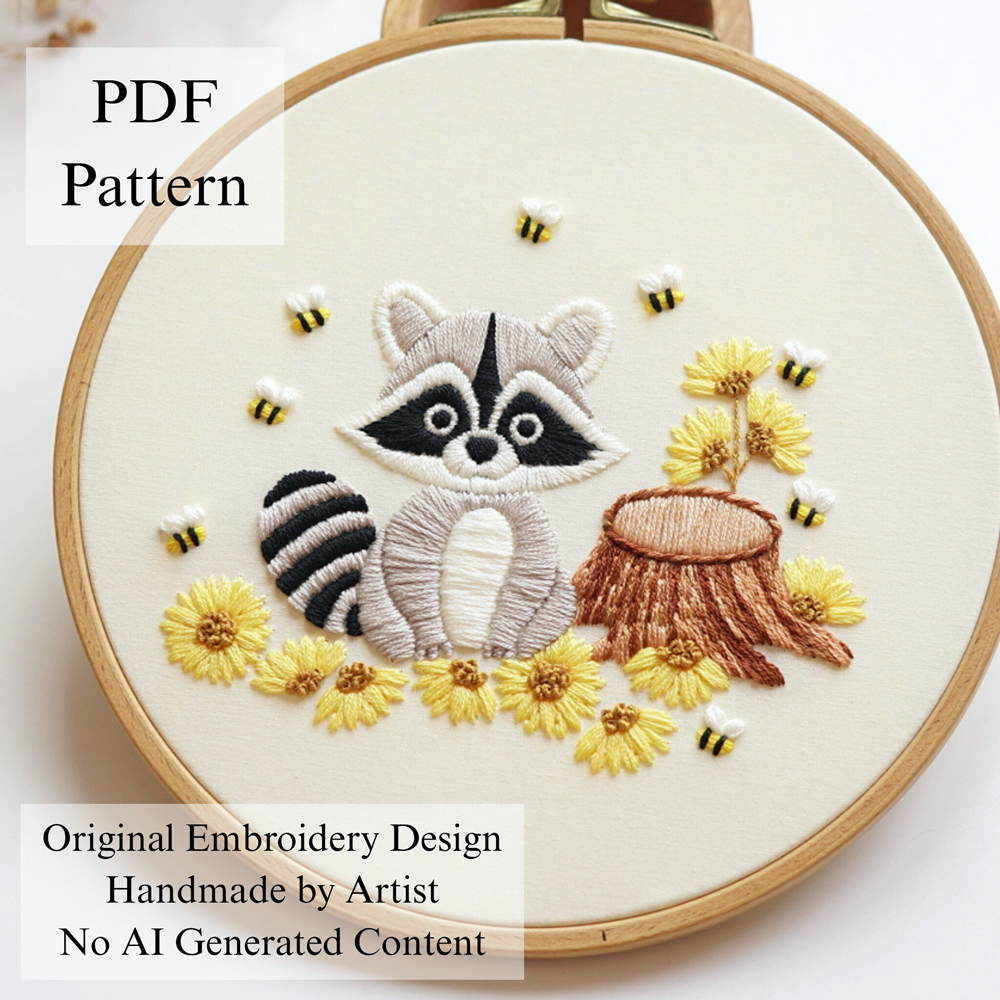 Raccoon in the jungle embroidery