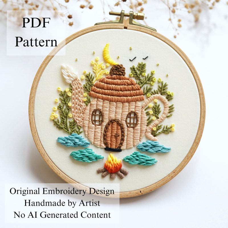 Autumn teapot cottage embroidery