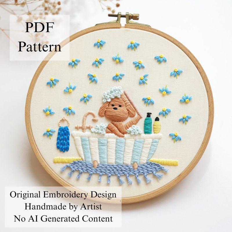 Doggy bath time embroidery