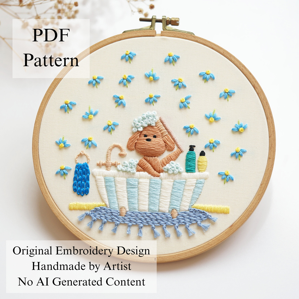 Doggy bath time embroidery
